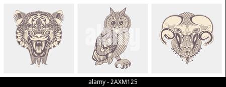 set di animali tatuati da disegno a mano - tigre, gufo e ariete Illustrazione Vettoriale