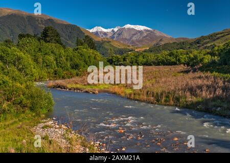Massiccio Del Monte Taylor Su Taylors Stream, Alpi Meridionali, Da Arundel Rakaia Gorge Road (Sh 72), Vicino A Methven, Canterbury Region, South Island, New Zea Foto Stock