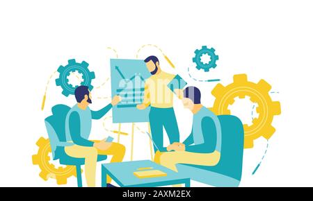 Illustrazione vettoriale piatta. I giovani uomini moderni con abiti formali fanno presentazioni di lavoro utilizzando la lavagna a fogli mobili mentre lavorano in ufficio. Illustrazione Vettoriale