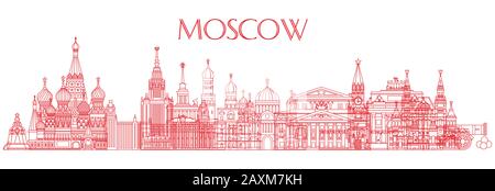 Panoramica linea vettoriale illustrazione di monumenti di Mosca, Russia. Immagine vettoriale dello skyline della città di Mosca in colore rosso isolato su backgrou bianco Illustrazione Vettoriale