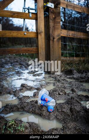 Bottiglia di plastica per bevande analcoliche scartata su un sentiero nella Foresta di Dean, Gloucestershire. Foto Stock