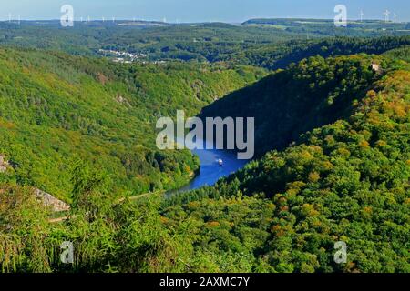 Nave sulla Saar al Saar Loop vicino Mettlach, Saarland, Germania Foto Stock