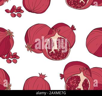 Un modello senza cuciture di fette di melograno e frutti interi su sfondo bianco. Design per cosmetici, spa, succo di melograno, prodotti sanitari, p. Illustrazione Vettoriale