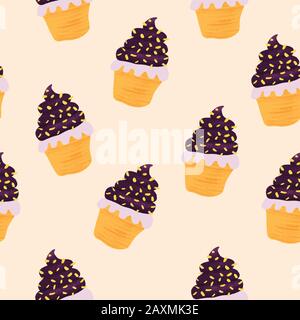 Cupcake senza cuciture modello vettoriale. Cupcakes disegnati a mano mirtillo che ripetono lo sfondo. Dolci dolci decorati con spruzzette. Texture disegnata a mano. Uso Illustrazione Vettoriale
