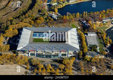 Riprese aeree, Duisburg-Wedau, Wedaupark, Schauinsland Travel Arena, regata traiettoria, nazionale stadio di campionato, stadio di calcio, Wanheimerort, Duisb Foto Stock