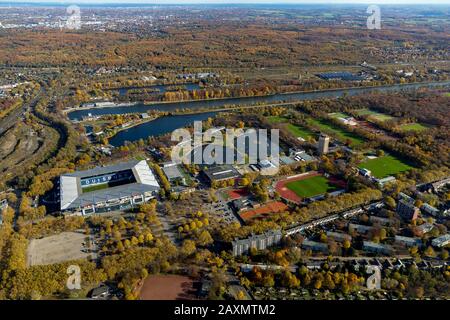 Riprese aeree, Duisburg-Wedau, Wedaupark, Schauinsland Travel Arena, regata traiettoria, nazionale stadio di campionato, stadio di calcio, Wanheimerort, Duisb Foto Stock