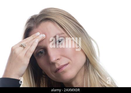 Ritratto di una donna che ha un emicrania, mal di testa Foto Stock