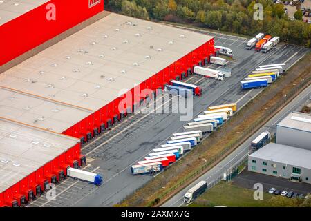 Foto aeree, Kik Textilien und non-Food GmbH, Old Field, Bönen, zona della Ruhr, Renania Settentrionale-Vestfalia, Germania Foto Stock