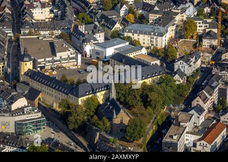 Foto aerea, castello inferiore, torre spessa, museo d'arte contemporanea inc., via Colonia, Martinikirche, Grabenstrasse, Siegen, cerchio di Siegen-Wi Foto Stock