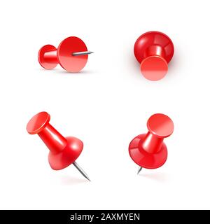 Realistico vettore plastica lucido rosso push pin 3D icona vettoriale su sfondo bianco. Illustrazione Vettoriale