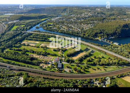 Foto aerea, panoramica, Hengsteeysee bridge, Gerhart-Hauptmann-Way, Ruhr, A1, Hagen, Germania, Europa Foto Stock