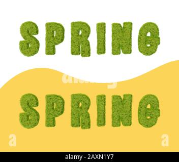 Primavera voluminoso testo coperto con erba verde prato per il golf e il calcio. Rendering 3D fotorealistico. Foto Stock