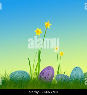 diverse uova di pasqua sull'erba con narcisi e sfondo colorato Foto Stock