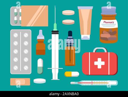 Set di medicinali isolati. Immagine vettoriale piatta isolata. Set di medicina related.Contains tali icone come pillole. Kit di pronto soccorso.bottiglie con pills.D Illustrazione Vettoriale