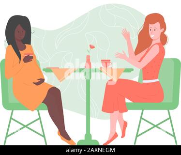 Due graziosi amici delle ragazze stanno sedendosi in un caffè. Illustrazione Vettoriale