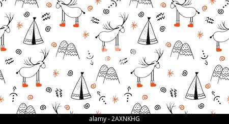 Seamless pattern luminoso con cervi e alberi. Lo stile scandinavo disegno. Arte lineare Nero-bianco illustrazione. Ciao inverno. Foto Stock