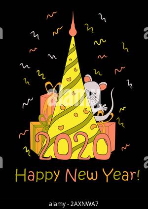Tessera di Capodanno per bambini. Mouse e albero di Natale. Natale E Capodanno. Simbolo del 2020. Confetti Foto Stock