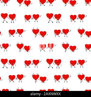 Modello di San Valentino. Cuori rossi su sfondo bianco illustrazione. Cuore carino personaggio. Stile cartone animato. Amore e amicizia. Tessuto e confezionamento Foto Stock