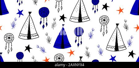 Seamless pattern in stile scandinavo per i bambini .. Cartoon carino alberi e tende su uno sfondo blu. Wigwam per gli indiani. Disegni per ragazzi Foto Stock