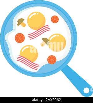 Padella con uova fritte, pancetta, pomodori e funghi Illustrazione Vettoriale