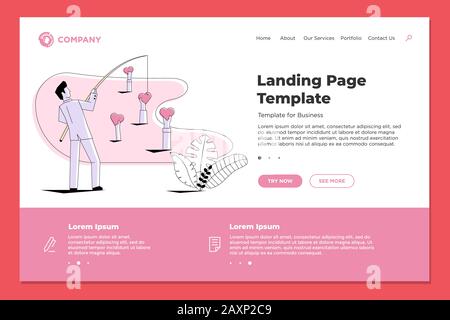 Pescatore uomo d'affari pesca come segno rosso cuore amore forme sulla pagina di atterraggio web design modello. Vettore business internet Technology SMM marketing o San Valentino concetto illustrazione Illustrazione Vettoriale