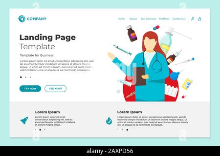 Modello di progettazione della landing page del sito Web di assistenza sanitaria online. Assistenza medica via internet. Consulente medico femminile e pillole di medicina compresse farmaci. Consultazione di un'illustrazione vettoriale del servizio di clinica di farmacia Illustrazione Vettoriale