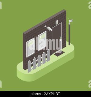 Sicurezza della casa, controllo degli accessi e rappresentazione vettoriale isometrica del sistema di allarme. Parete, porta, finestre con telecamere di videosorveglianza, sirena di allarme e sistema di segnalazione. Concetto di casa intelligente. Illustrazione Vettoriale