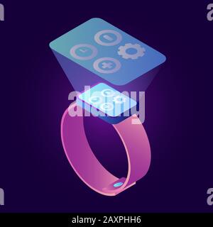 L'illustrazione isometrica degli orologi intelligenti è isolata su sfondo violetto. Tecnologie digitali moderne, dispositivo elettronico con app, concetto vettoriale smartwatch mobile. Illustrazione Vettoriale