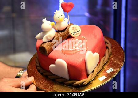 Damasco, Siria. 12th Feb, 2020. Una torta a forma di cuore è raffigurata in occasione di San Valentino a Damasco, in Siria, il 12 febbraio 2020. Credit: Ammar Safarjalani/Xinhua/Alamy Live News Foto Stock