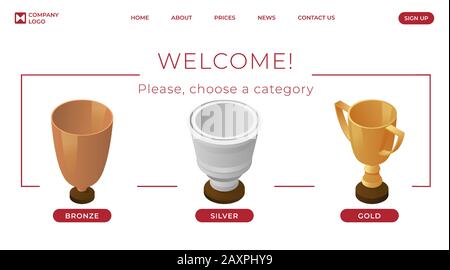 Premi per il modello vettoriale della landing page dei campioni. Le coppe in oro, argento e bronzo sono illustrazioni in stile isometrico con spazio di testo. Primo, secondo e terzo posto categoria pagina web concetto. Illustrazione Vettoriale