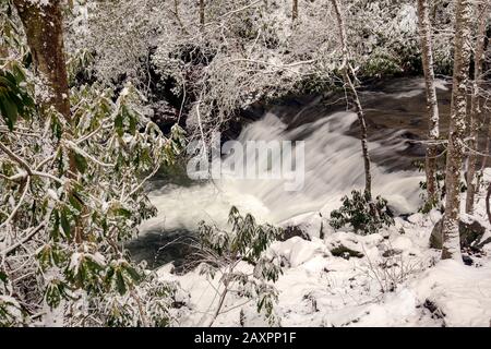 Cascade on Looking Glass Creek in inverno - Pisgah National Forest, vicino Brevard, Carolina del Nord, Stati Uniti Foto Stock
