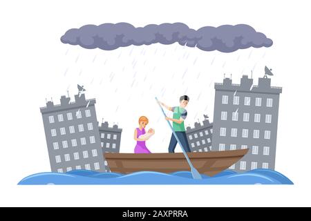 La famiglia fugge su una barca dall'alluvione in una illustrazione piatta del vettore della città. Disastro naturale, edifici galleggianti della città, concetto di cataclysm. L'uomo, la donna e il loro bambino evacuano durante la tempesta. Illustrazione Vettoriale