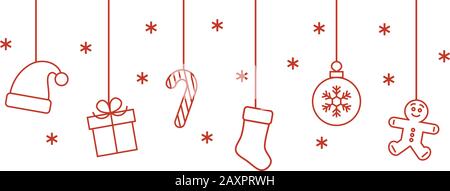 Simbolo di Natale appesa garland. Icone con contorno piatto. Illustrazione Vettoriale