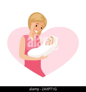 Felice donna sorridente nella cornice rosa a forma di cuore e un bambino in tenero abbraccio vettore piatto illustrazione. Madre e bambino, maternità, amore, felice madre giorno carta concetto. Illustrazione Vettoriale