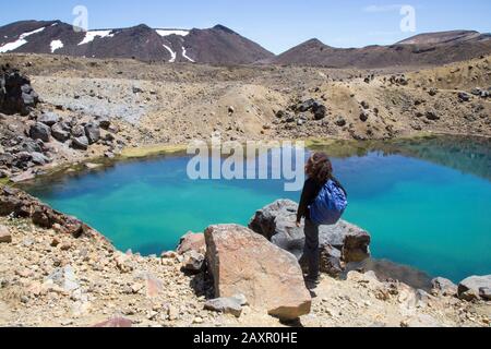 Escursionista maschile con zaino, guardando la vista dei laghi smeraldo Foto Stock