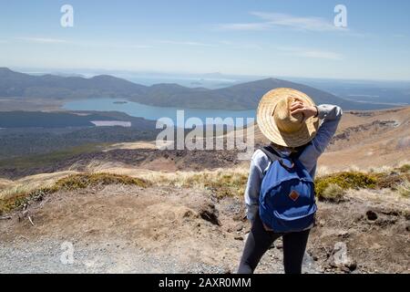 Escursionista femminile, indossando leggini e cappello, guardando il paesaggio naturale Foto Stock