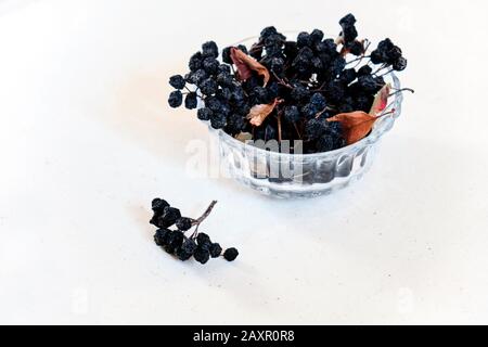 Aronia secca (chokeberry nero, frutta) in vaso di vetro su sfondo bianco Foto Stock