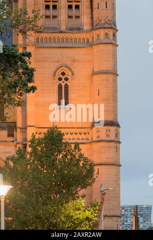 Una serata di primo piano sul campanile occidentale della Cattedrale di St Marys a Sydney, Australia, che mostra le bacheche del louvre, una finestra ad arco e corsi di corda Foto Stock