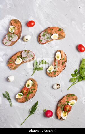 Toast con salmone affumicato e uova di quaglia, germogli di rafano su tavola grigia. Deliziosi spuntini con pomodori di herry, prezzemolo e aneto. Nessuno, cibo con vista dall'alto Foto Stock