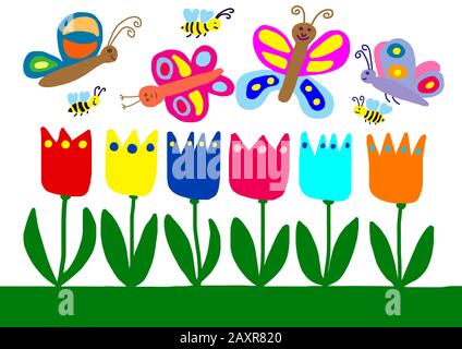 Illustrazione ingenua, disegno per bambini, colorato prato di fiori con  nuvole e sole, Germania Foto stock - Alamy