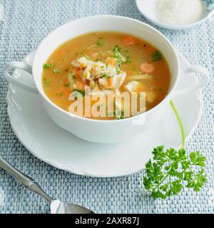 Zuppa di verdure di pollo fatta in casa calda e nutriente in una ciotola bianca con guarnitura di prezzemolo. Formato verticale con focus selettivo sui pezzi di pollo. Foto Stock