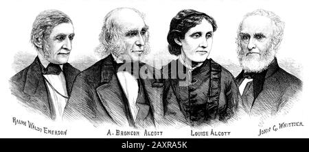 1880, USA : Ritratto dello scrittore e romanziere americano LOUISA MAY ALCOTT ( Louise 1832 - 1888 ) con suo padre l'educatore , insegnante, scrittore , filosofo, E riformatore AMOS BRONSON ALCOTT ( 1799 - 1888 ) , poeta e sostenitore dell'abolizione della schiavitù JOHN Greenleaf WHITTIER ( 1807 - 1892 ) e il celebre filosofo e poeta RALPH WALDO EMERSON ( 1803 - 1882 ) . E 'meglio conosciuta per il romanzo Piccole Donne ( PICCOLE DONNE DONNE ), pubblicato nel 1868 . Questo romanzo si basa in modo lasco sulle sue esperienze d'infanzia con le sue tre sorelle . Incisione dalla rivista americana illustrata Foto Stock