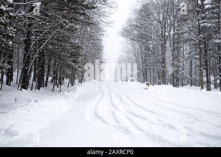 Strada coperta di neve in una tempesta di neve di febbraio a Wausau, Wisconsin ottenendo uno a due inchess un'ora, orizzontale Foto Stock