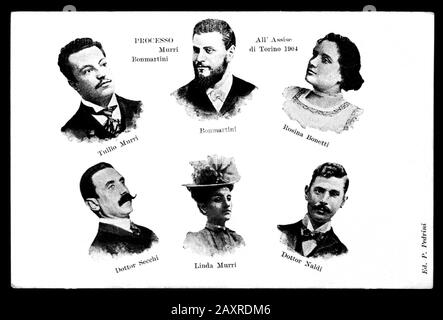 1904 , Bologna , ITALIA : Il 2 settembre 1902, il cadavere del conte Francesco Bonmartini , marito di Linda Murri ( 1871 - 1957 ), figlia del celebre medico italiano , professore universitario e politico Dottore Augusto Murri ( 1841 - 1932 ), fu scoperto a Bologna . Augusto stesso denunciava IL figlio ventotto anni TULLIO MURRI per l'uccisione . Il processo, iniziato il 21 febbraio 1905, si concluse il 12 agosto dello stesso anno con la condanna trentennale di Tullio, per omicidio e furto premeditati . Tullio evitò l'ergastolo perché il giudice gli concesse circhi estenuanti Foto Stock