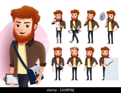 Set di caratteri vettoriali dipendenti maschi. I personaggi dell'uomo con la barba che lavorano in piedi si pongono come chiamare con il telefono cellulare, camminare, bere caffè. Illustrazione Vettoriale