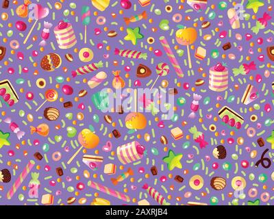 Cute senza cuciture con dolci colorati, torte, lecca-lecca. Cartone animato senza cuciture con caramella e dolce dessert. Divertente e colorato modello dolce con Illustrazione Vettoriale