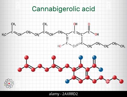 Acido Cannabigerolico, CBGA, molecola. È cannabinoide, precursore acido tetraidrocannabinolico THCA, acido cannabidiolico CBDA, acido cannabichromenico CBC Illustrazione Vettoriale