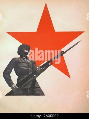 Esercito rosso in 1930s. Dal libro di propaganda sovietico del 1937. Soldato sovietico sullo sfondo di una stella rossa. Foto Stock