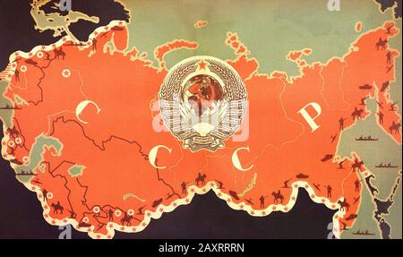 Esercito rosso in 1930s. Dal libro di propaganda sovietico del 1937. Mappa dell'Unione Sovietica. Il confine è bloccato dai nemici. Foto Stock