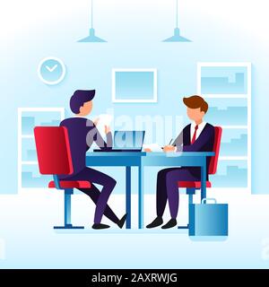 Contender dipendenti di lavoro e colloquio di lavoro. Dipendente di Cartoon MAN Illustrazione Vettoriale